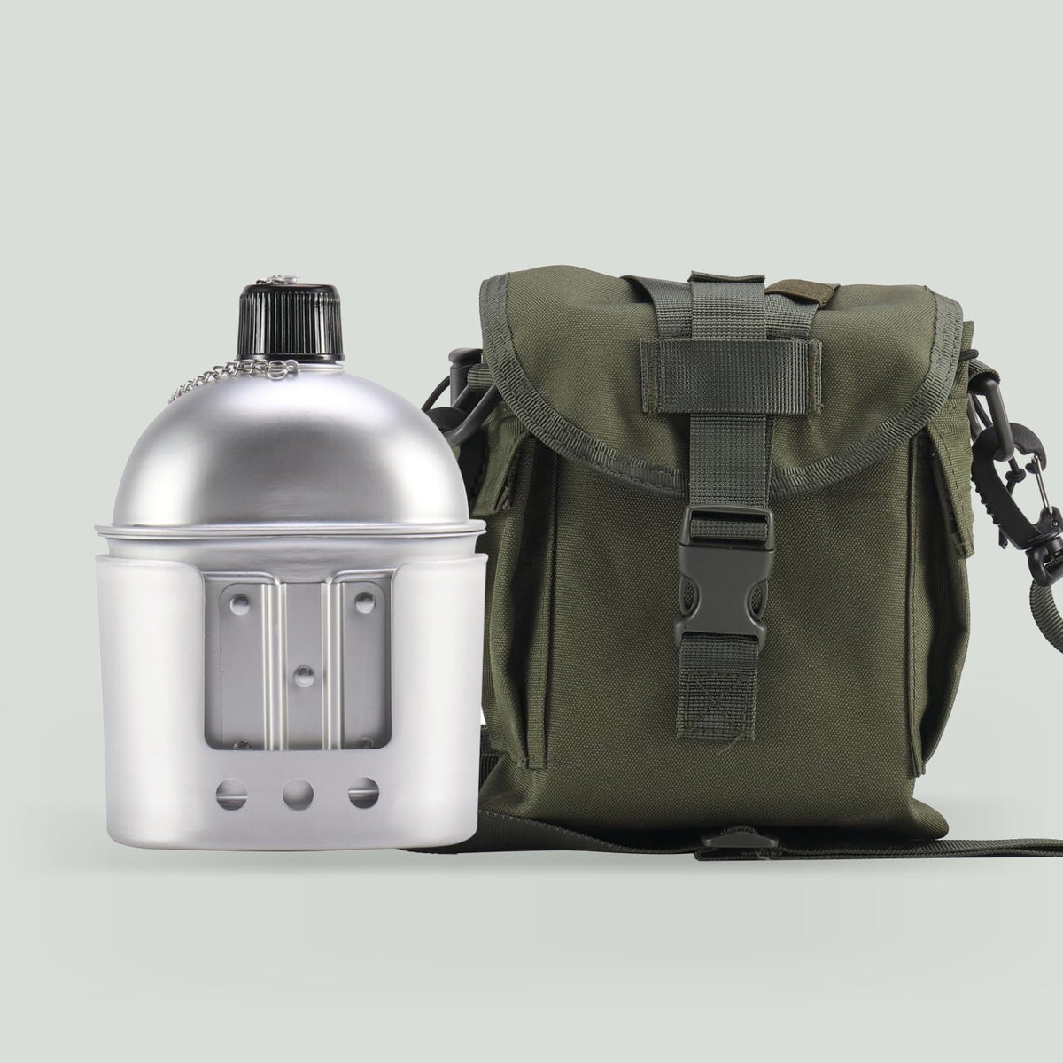 Conjunto Militar de Cantil, Caneca e Fogareiro a Lenha com Bolsa