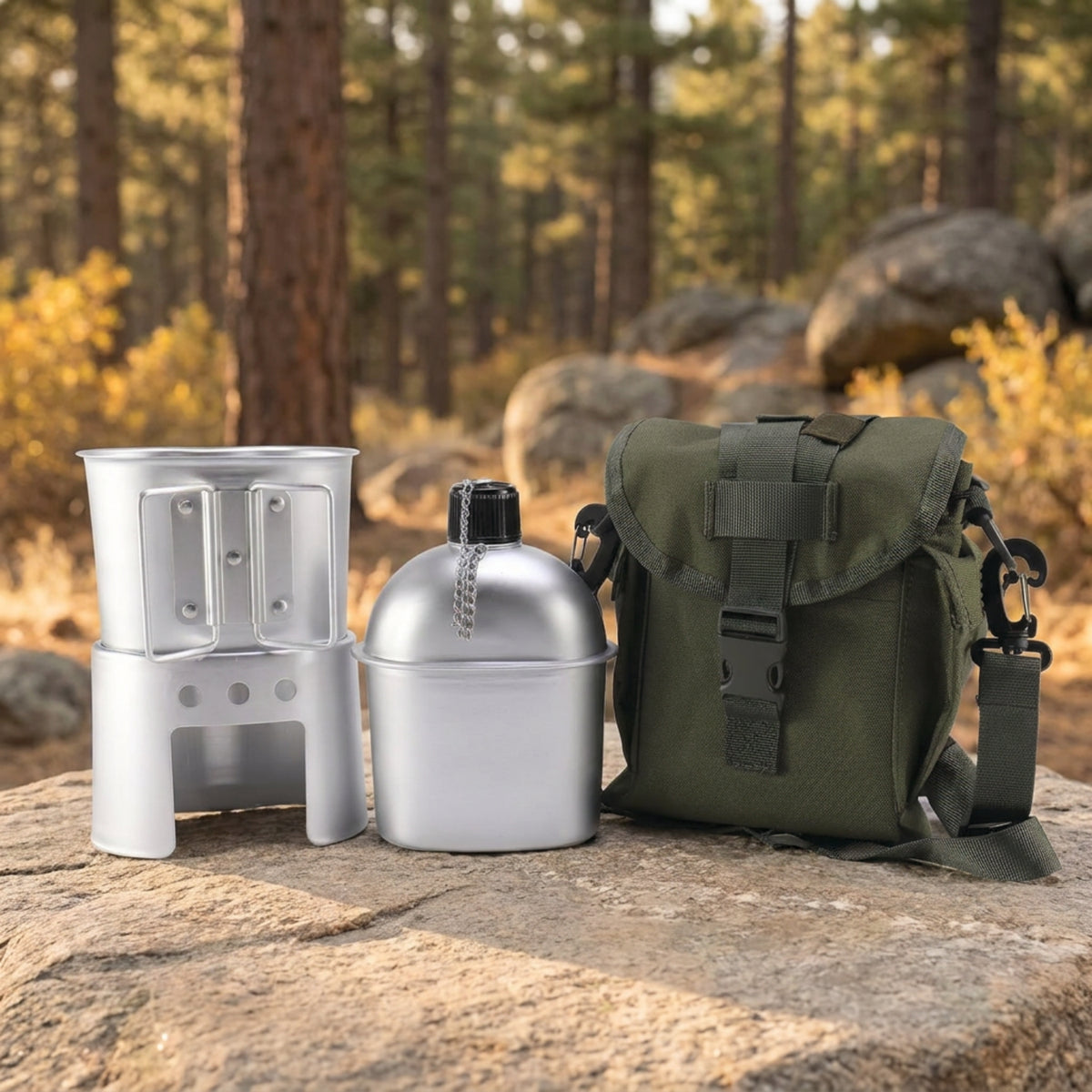 Conjunto Militar de Cantil, Caneca e Fogareiro a Lenha com Bolsa