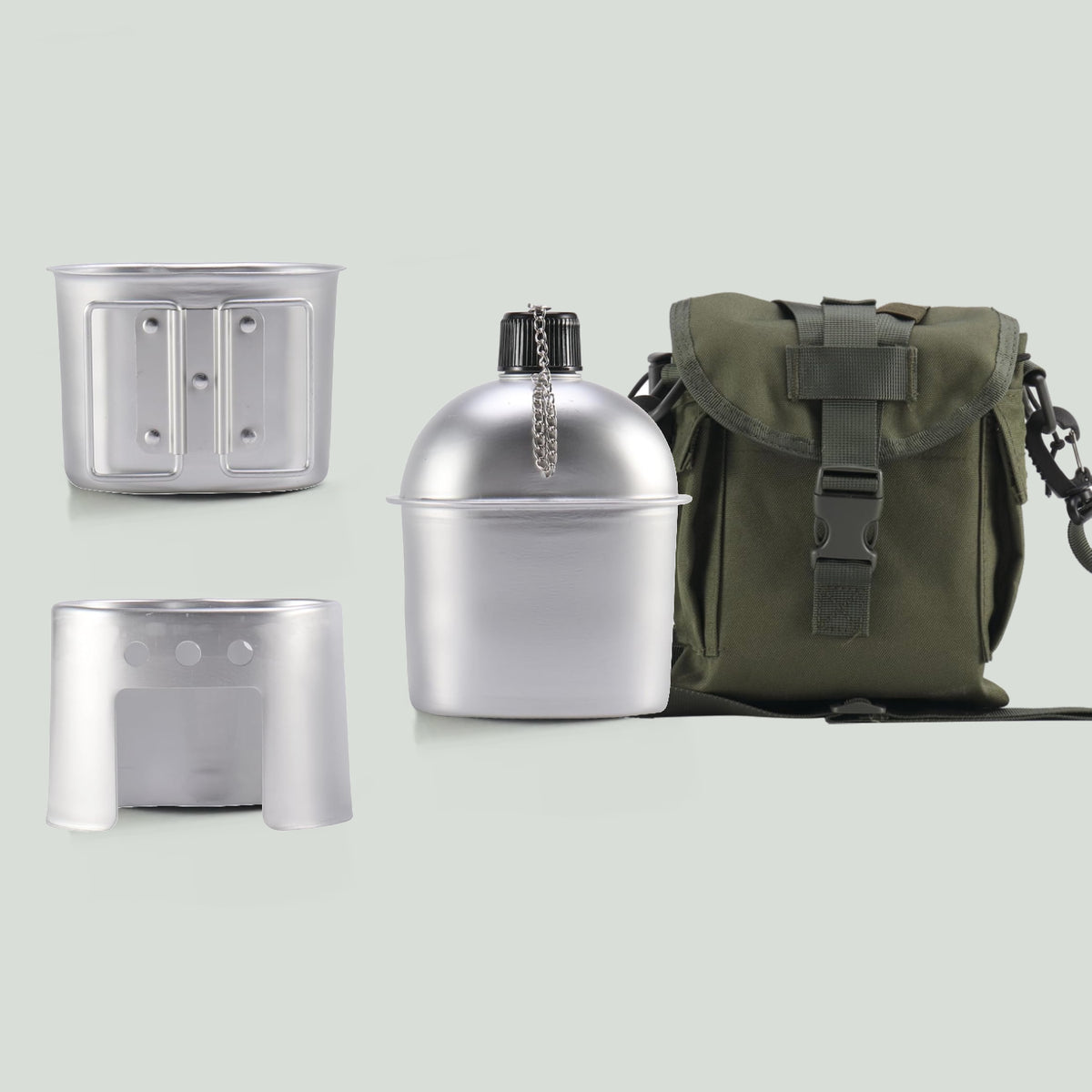 Conjunto Militar de Cantil, Caneca e Fogareiro a Lenha com Bolsa