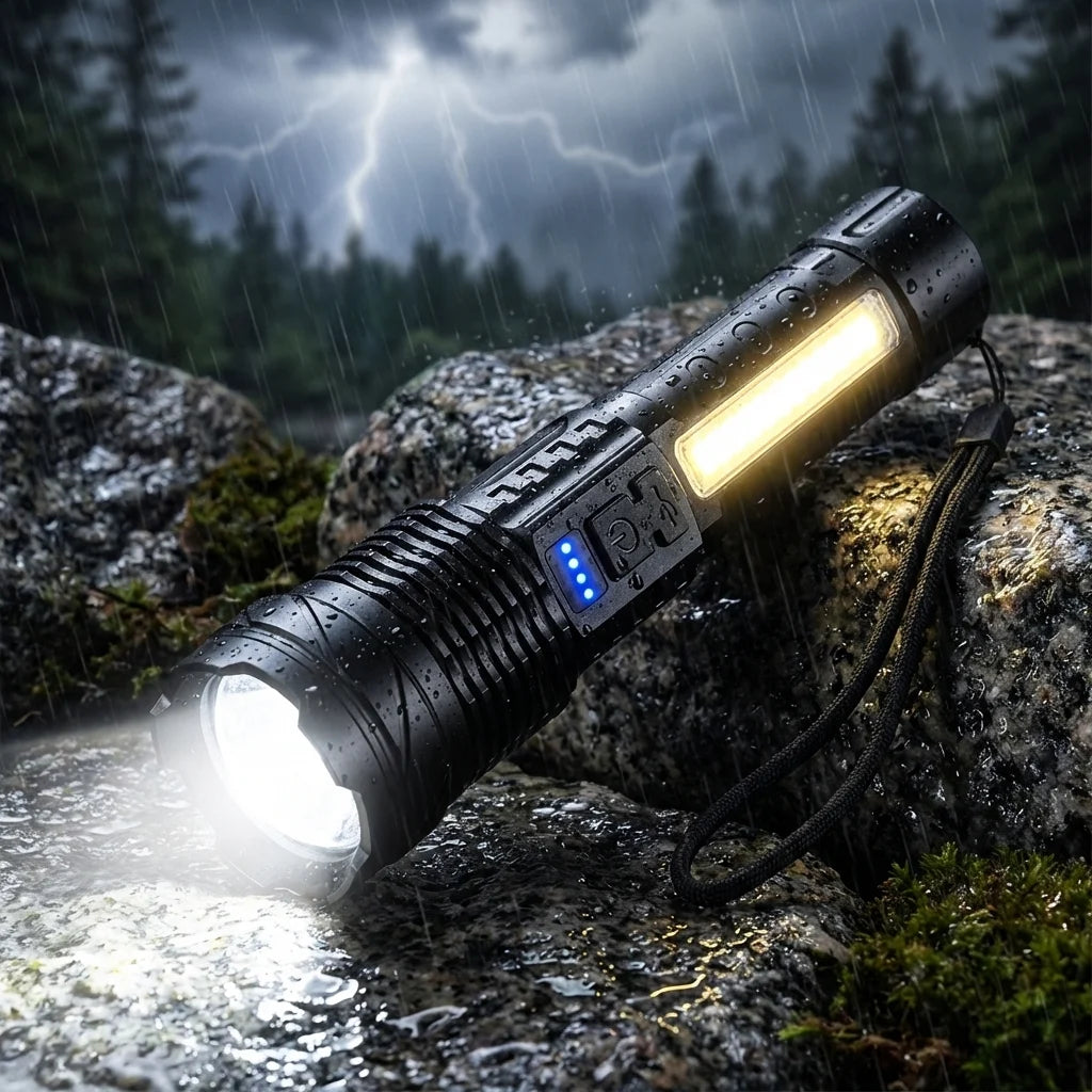 Lanterna Tática de Longo Alcance Zoom Telescópico e 7 Modos de Iluminação