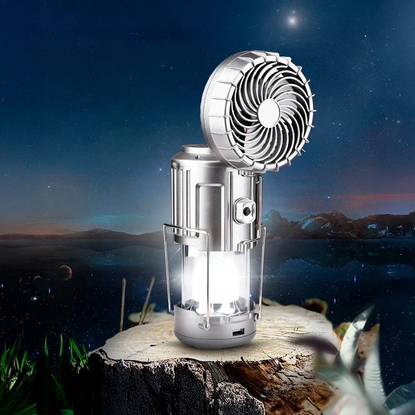 Lanterna de Campismo Solar com Ventoinha Ajustável e Powerbank