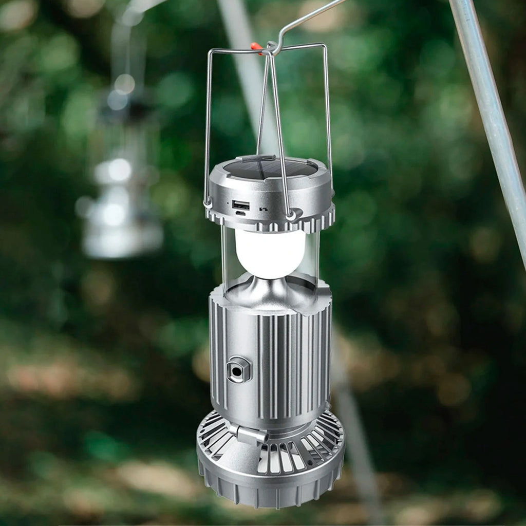 Lanterna de Campismo Solar com Ventoinha Ajustável e Powerbank