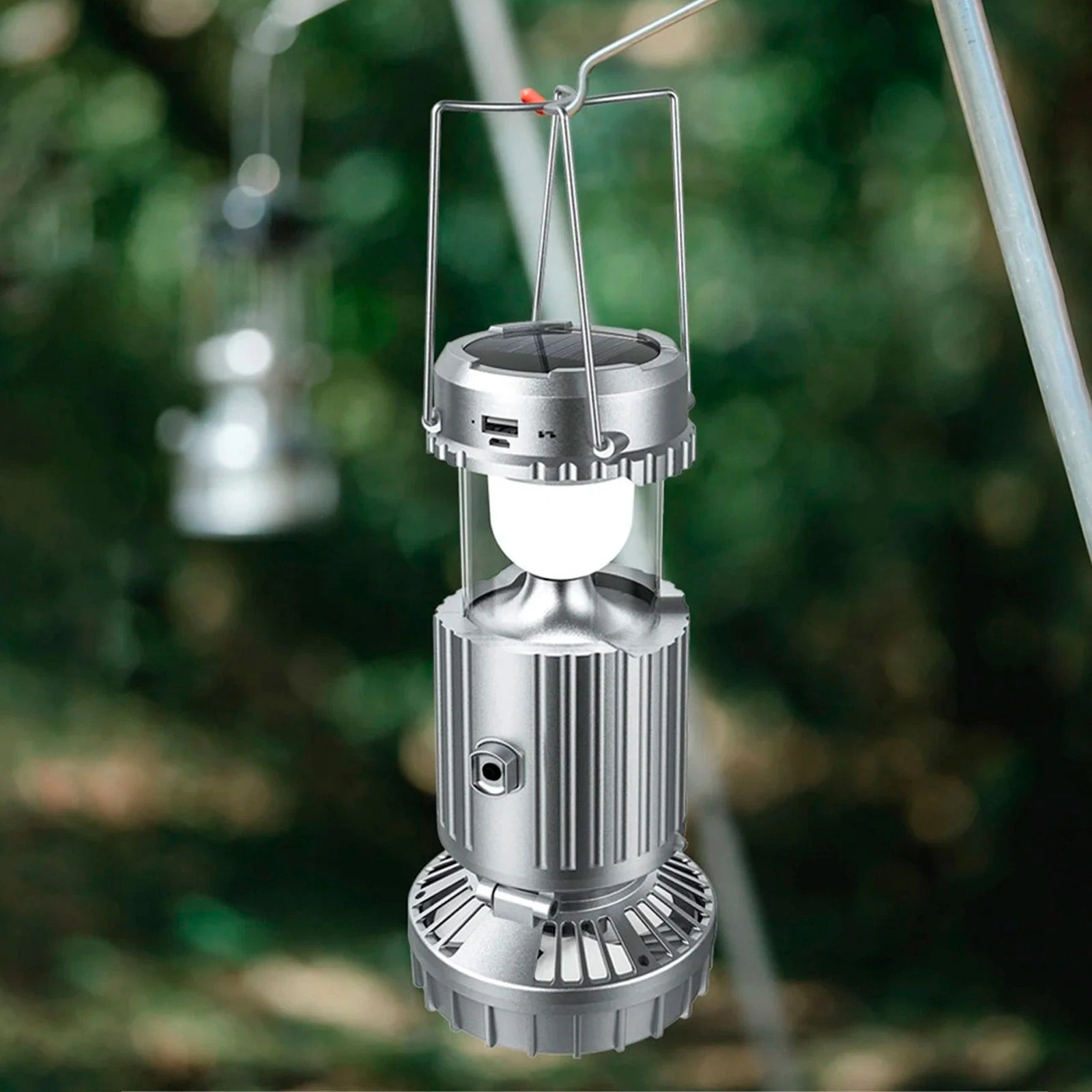 Lanterna de Campismo Solar com Ventoinha Ajustável e Powerbank